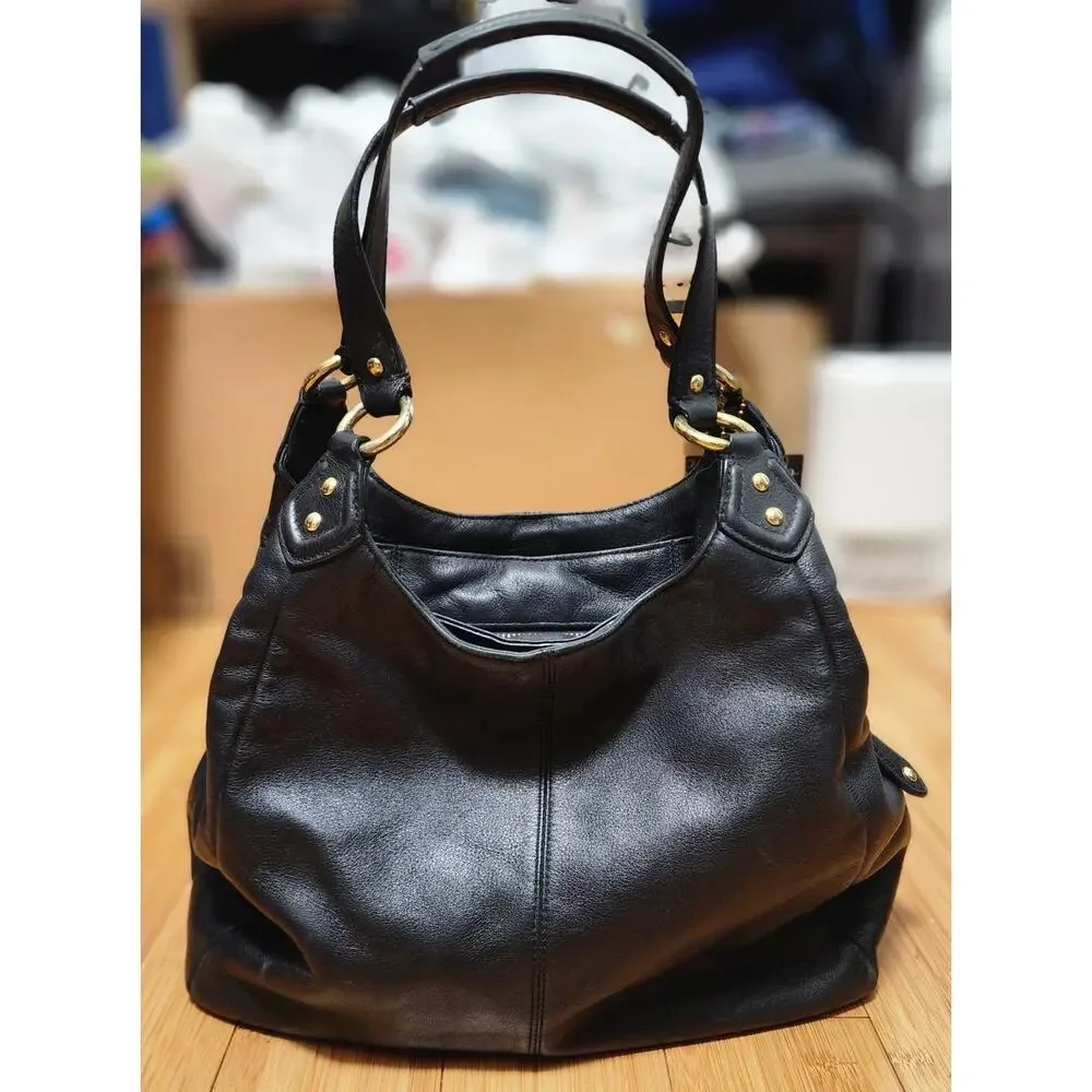 COACH Campbell F24686 Black Leather Large Hobo Shoulder Bag Chunky Brass Buckle